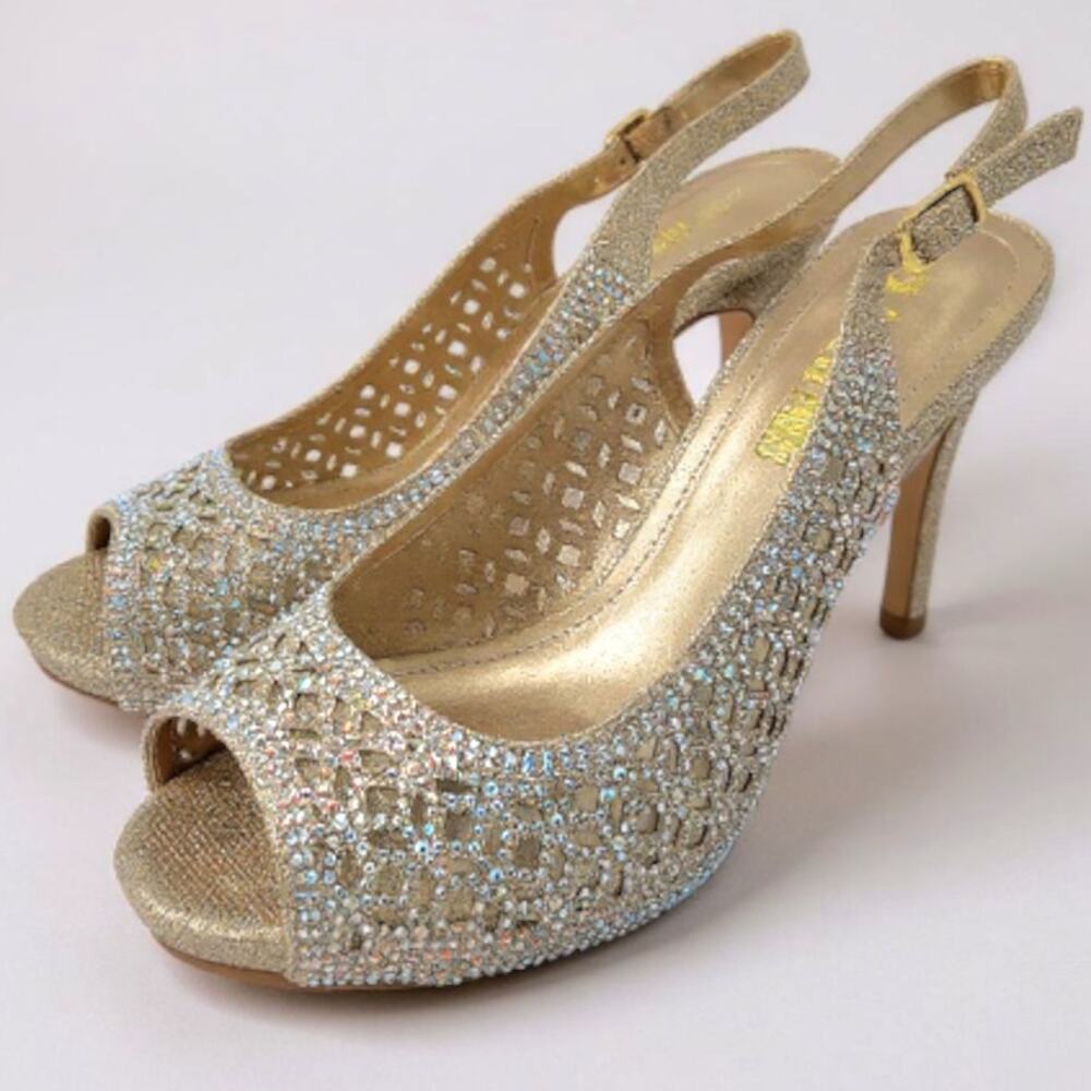 Dream Pairs Gold Rhinestone Peep Toe Sling Back Stiletto Heels Women's Size 9